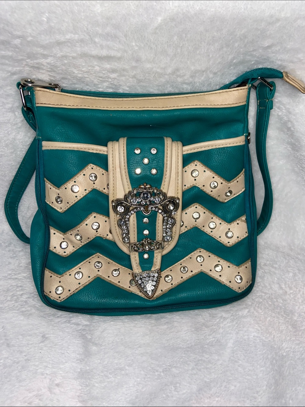 Western Bling Chevron Expandable Crossbody Purse Turquoise Cream Rhinestone Y2K